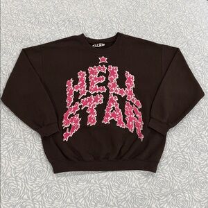 Dark Brown and Pink Men's HELLSTAR Crewneck Sweater, XL